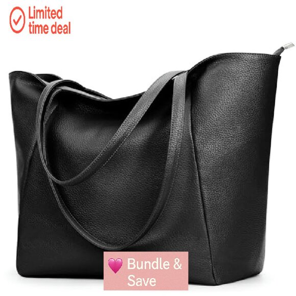 Large Vegan Leather Tote Bag with Zipper, 23L Capacity for Work and Travel - Picture 2 of 8